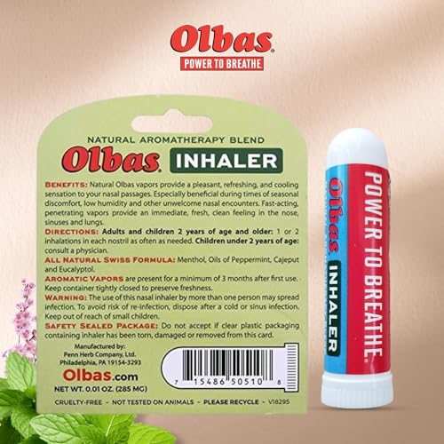 Image of Olbas Inhaler Aromatherapy, Essential Oil Inhaler with Natural Oils, 0.01 Oz, 2 Pack, Pocket Sized Nasal Inhaler Stick for Clear Breathing and Sinus Relief