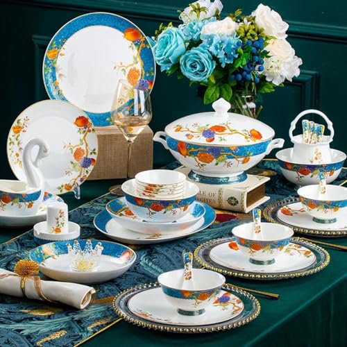 Zestaw zastawy stołowej z porcelany kostnej, 60 sztuk dla 10-12 osób, kwiatowy wzór granatu, europejski wzór pałacowy, wysokiej jakości przybory kuchenne, zastawa stołowa gotowa na prezent