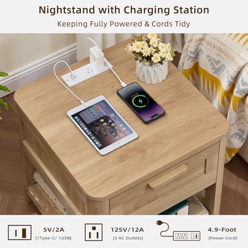 Image of Joaxswe Farmhouse Night Stand Set of 2 with Charging Station, Wood Bed Side Tables Bedroom Set of 2 with Drawer & Open Storage Shelf, Natural Wood