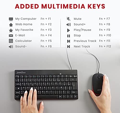 Perixx PERIDUO-212 Wired Mini Keyboard and Mouse Combo with 12 Multimedia Keys, Black, UK Layout