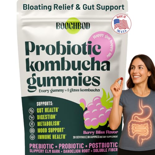 Image of BoochBod - Probiotic Kombucha Gummy - Prebiotics, Probiotics, Postbiotics, Fiber Supplement, Slippery Elm, Dandelion Root, MCT Oil, for Bloating, Gut Health - Probiotics for Women and Men
