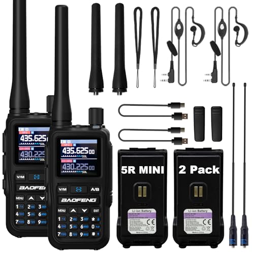 Image of BAOFENG UV-5R Mini Two Way Radio BF-5R Mini Walkie Talkie Wireless Power Adjustable Tiny Size Frequency Copy 999 Channels Type-C Four Colors Portable Ham with 771 Antenna and Headset(2 Pack) (Black)