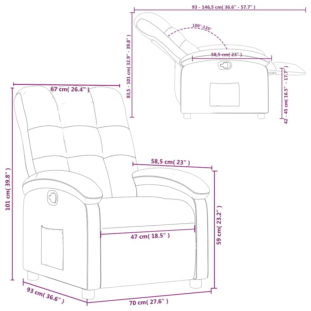 Fotel relaksacyjny, brązowy, z regulacją z ręczną funkcją leżenia, tapicerką, podłokietnikami, oparciem, drewnianą ramą metalową, ergonomiczny, do salonu, biura, czytania, oglądania telewizji
