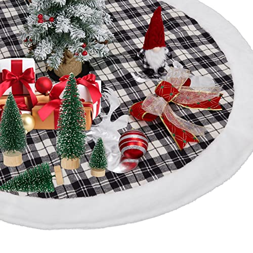 Buffalo Plaid Christmas Tree Skirt 48 in, Black and White Buffalo Check Christmas Tree Skirt with Faux Fur Edge for Holiday Christmas Decorations