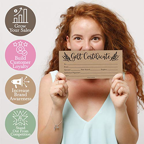 Hadley Designs 25 Blank Gift Certificates for Business 4x9 – Premium Christmas Gift Certificates Cards for Small Business, Holidays, Spa, Massage, Hair Salon, & Restaurant (Rustic Kraft)