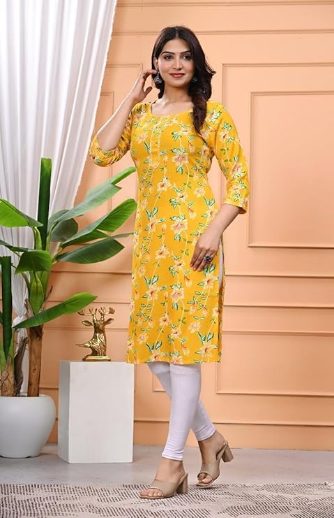 Image of Women's Rayon Straight Kurta || Flower Print Kurta for Women (Yellow)