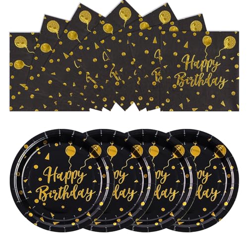 Assiettes d'anniversaire noires et dorées et serviettes pour buffet de fête chic