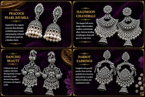Image of jhumka box with 16 pairs of earrings | earrings for women | birthday gift for girlfriend| Oxidized & Antique