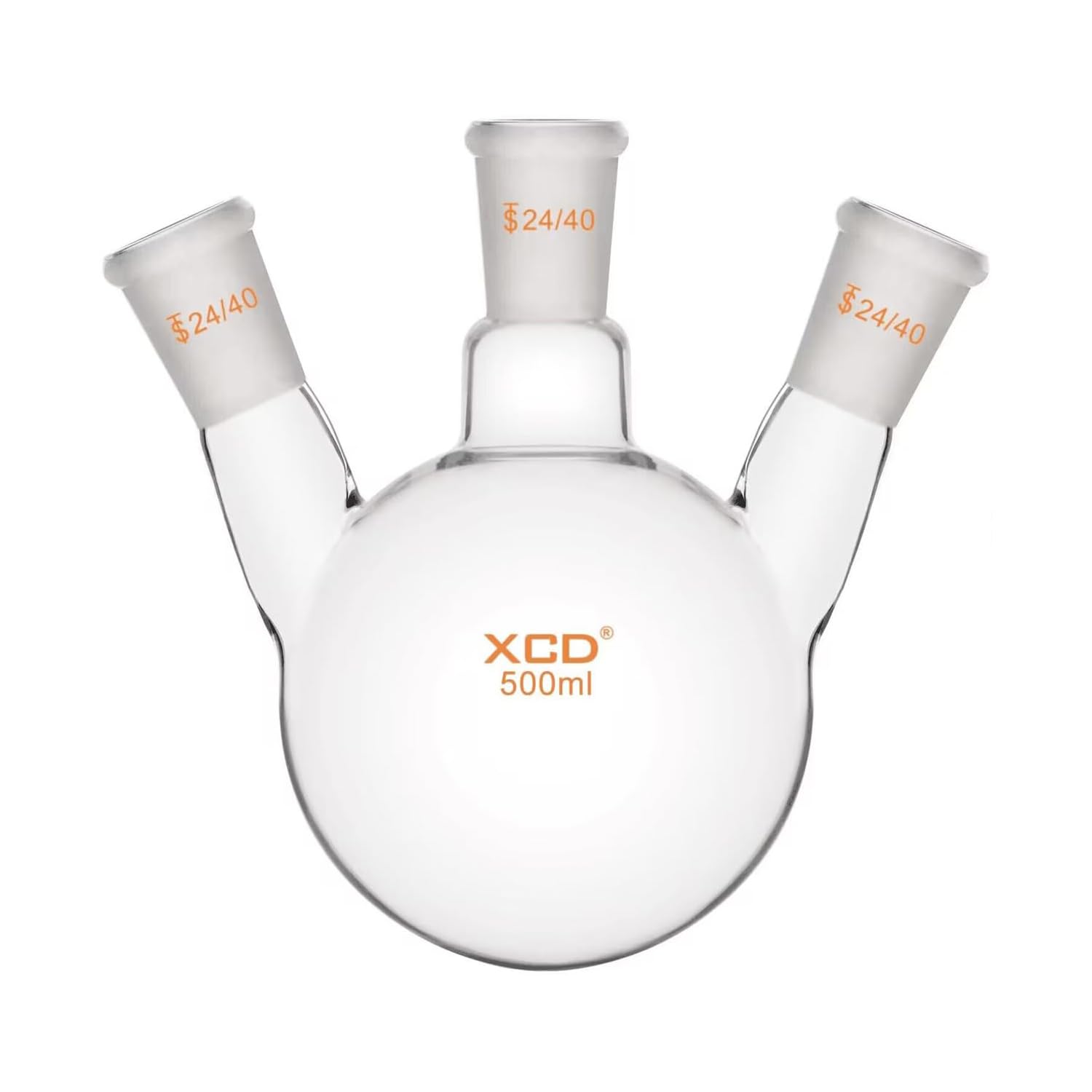 XCD Borosilicate Glass 3-Neck Round Bottom Boiling Flask with 24/40 Center and Side Standard Taper Outer Joint, Heavy Wall, 500 ml