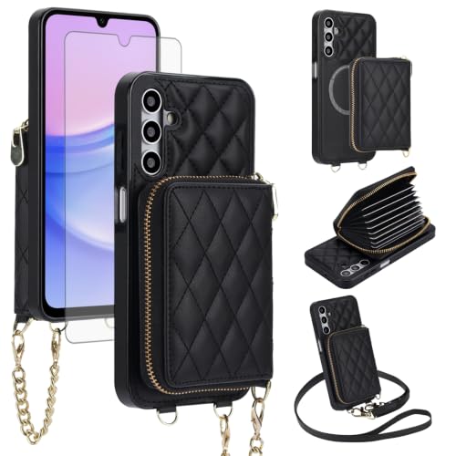 Asuwish Detachable Magnetic Wireless Charging Wallet Phone Case for Samsung Galaxy A15 5G/4G with Screen Protector Crossbody Strap RFID Blocking Credit Card Holder A 15 G5 15A SM-A156U Women Black