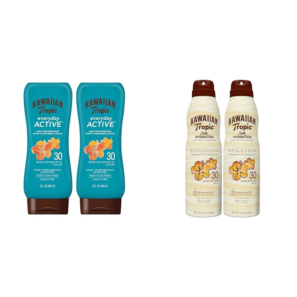Hawaiian Tropic Everyday Active Lotion Sunscreen SPF 30 Twin 8oz Pack and Weightless Hydration Clear Spray Sunscreen SPF