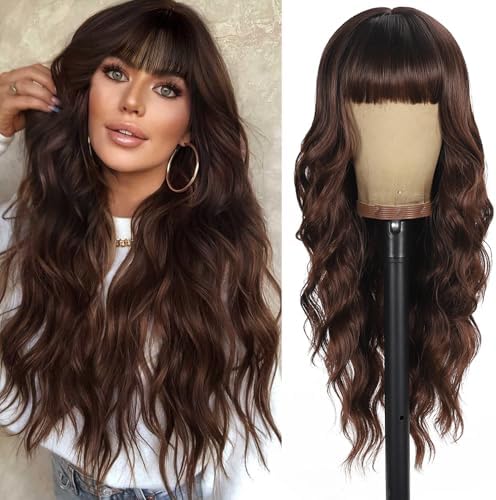 Glossy brown Wig with Bangs Long Curly Wig for Women Long brown Wavy Wigs skin-friendly synthetic fibersc for festival holiday Use 26IN
