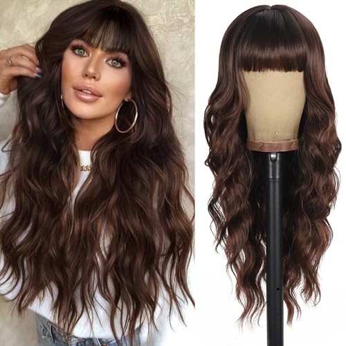 UNNYMGER Glossy brown Wig with Bangs Long Curly Wig for Women Long brown Wavy Wigs skin-friendly synthetic fibersc for festival holiday Use 26IN