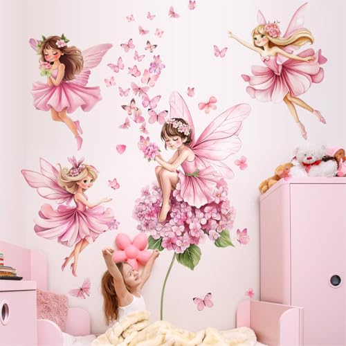 WandSticker4U®- [Extra large] Stickers muraux FÉE et PAPILLON en rose (132x129 cm) I Autocollant mural chambre fille fées clochette princesse elfes fleurs I...
