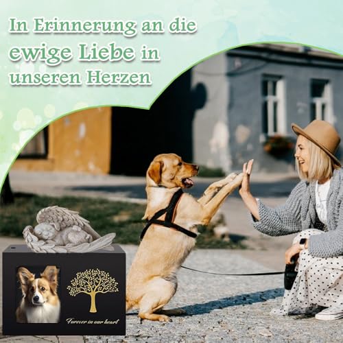 Exquilnova Tierurnen für Hunde, Holz Schwarz Urne Hund, Hunde Urne mit Hund Engel und Fotorahmen, Gedenkbox für Asche Katze und Andere Haustiere – zur ewigen Erinnerung (Hundeengel)