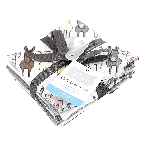 Image of Hudson Baby Unisex Baby Flannel Cotton Poly Washcloths, Farm Friends Grey 10-Pack, One Size