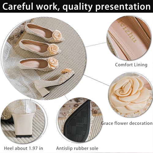 Women's Satin Flowers Rhinestones Chunky Heel Pumps Fashion Grace Slip On Lightweight Mid Block Heel Dress Pumps Shoes for Leisure Wedding Party Prom3