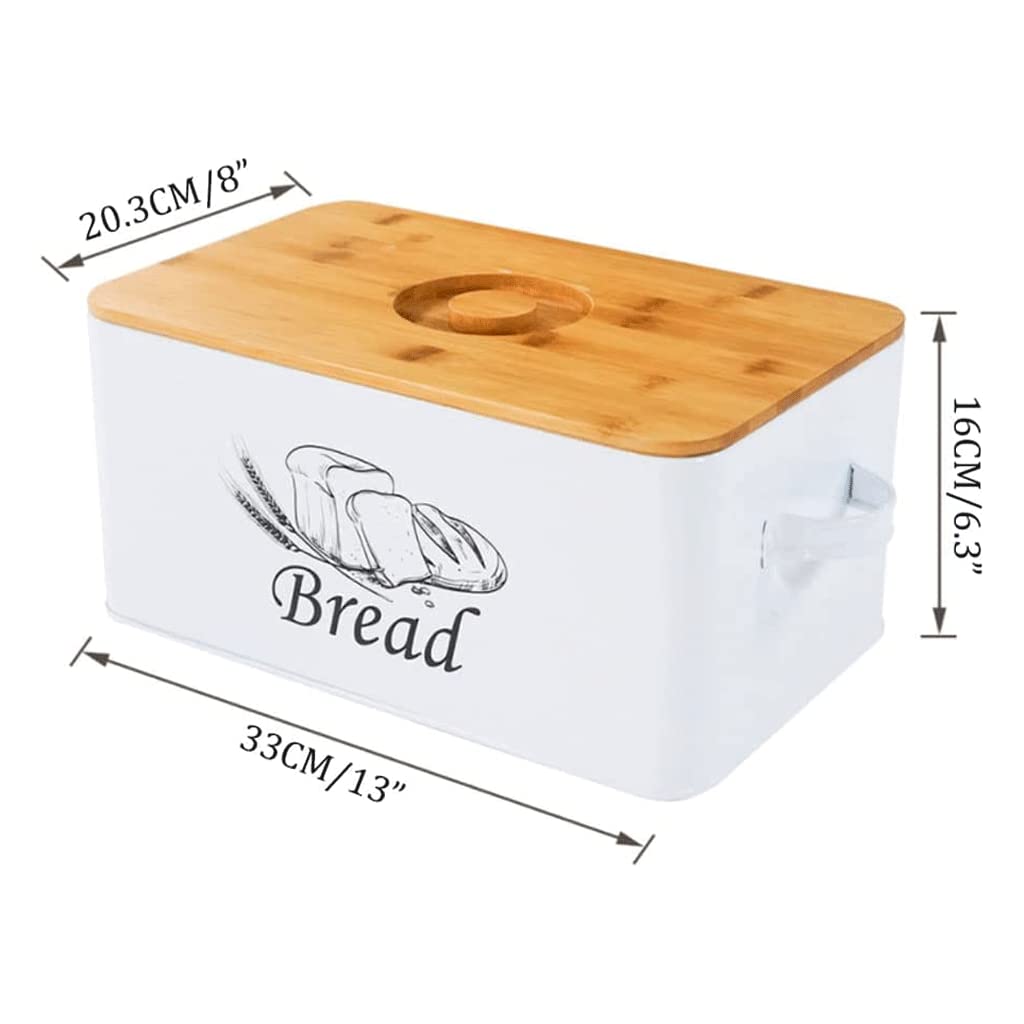 Caja de Pan Creativa para encimeras, panera de Almacenamiento de Pan de Gran Capacidad de Metal con asa y Soporte para Pan con Tapa de Madera (Blanco)