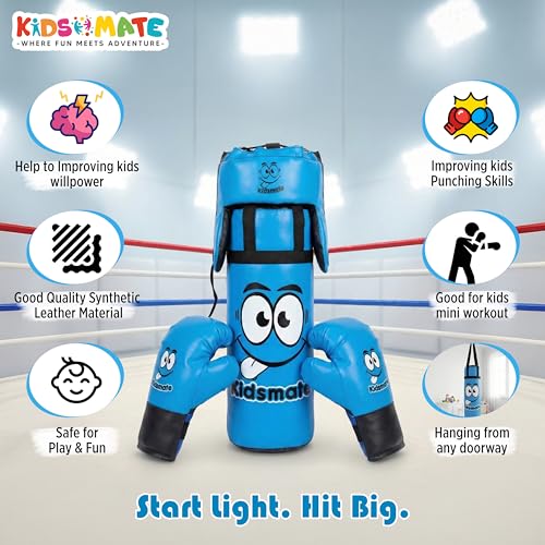 Image of Kidsmate Boxing Kit for Kids of Age 3-8 Yrs | Safe Synthetic Leather Punching Bag with Gloves Set | Boxing Set for Karate Training & Punch Practice | Playful Fitness Activity for Boys & Girls - Blue