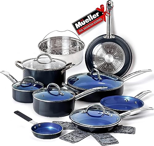 Condition photo showing Good Condition for Mueller Pots and Pans Set 11-Piece, Ultra-Clad Pro Stainless Steel Cookware Set, Ergonomic and EverCool Stainless Steel Handle, Includes Saucepans, Skillets, Stockpot, Saute Pan, Steamer