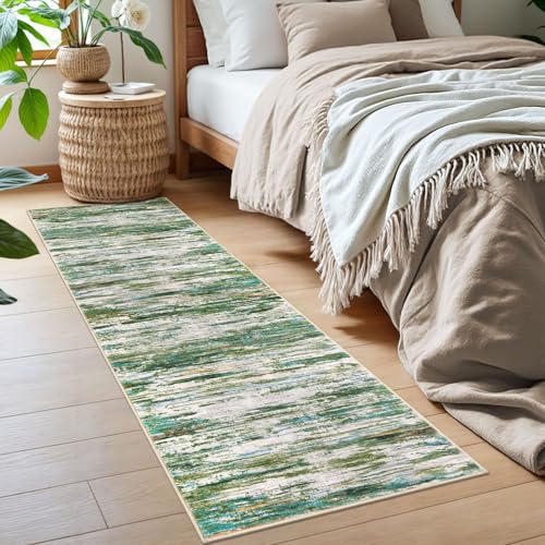 2x6 Green Grey Multi Modern Abstract Runner Rug for Hallway, Super Soft Hallway Decor Kitchen Rugs with Non-Slip, Non-Shedding Washable Rug for Entryway Bedroom Laundry Indoor