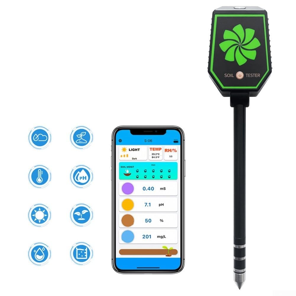 Tester digitale del suolo per telefono cellulare valore pH temperatura | Collegamento tramite app, dati in tempo reale, valore del pH, umidità, temperatura, alloggiamento in ABS nero