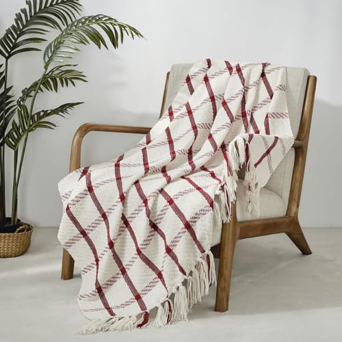 Image of CREVENT Chenille Throw Blanket Breathable Soft Warm for Sofa Bed Home Decor with Tassels (Red and White) 50 inchx60 inch