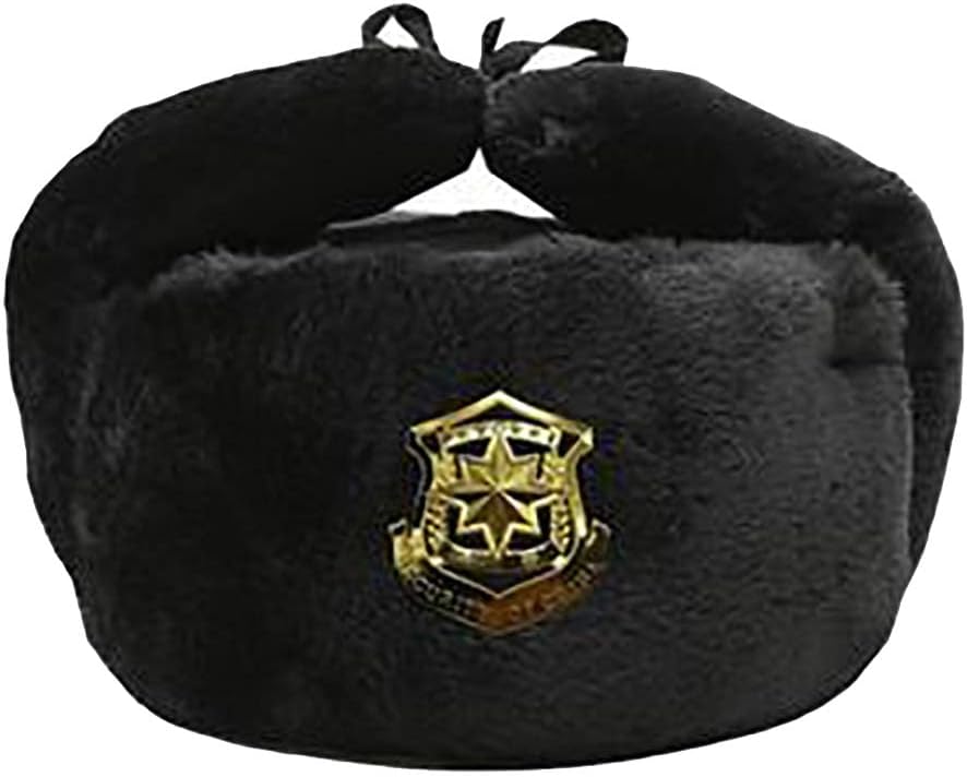 Black Faux Fur Russian hat 59cm hat with Detachable Soviet Badge Birthday (G) (F)