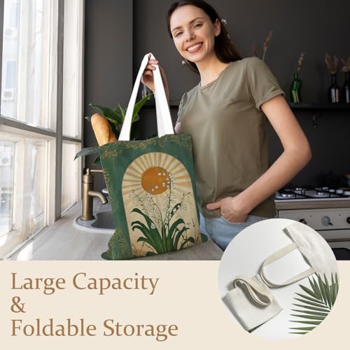 Boho Lily of the Valley Tote Bag, Emerald Green Boho Sun Floral Canvas Tote Bags for Women, Vintage Mystical Wildflower Botanical Reusable Grocery Shopping Bags3