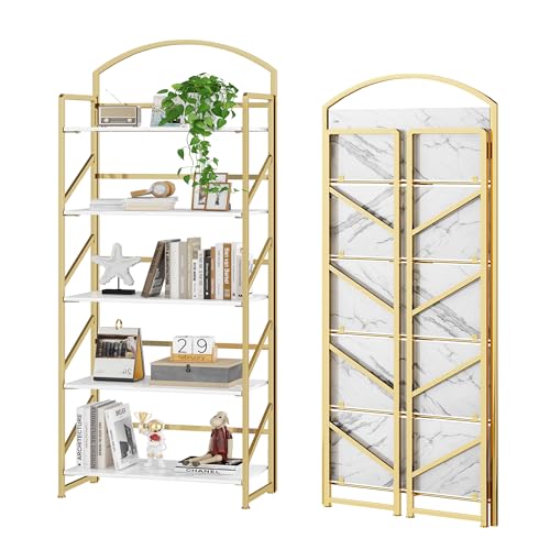 BHG Arched Bookshelf 5 Tier Shelf Storage Organizer Bookcase,No Assembly Folding Book Shelf for Living Room,Bedroom Home Office Rack Bookhelves 5-tier Arched Fire