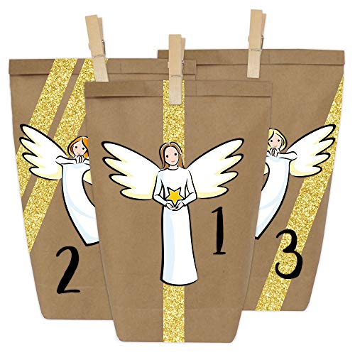 Papierdrachen Adventskalender 2025 zum Befüllen - Engel zum Aufkleben - mit braunen Papiertüten und goldenem Washi Tape - inkl. Klammern - Weihnachten