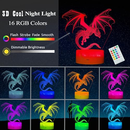 Image of Dragon Night Light, Dragon Gifts, 3D Illusion Lamp with 16 Colors Changing, Timer, 4 Flash Modes and Dimmable, Kids Boys Girls Room Decoration, Holiday Xmas Gifts