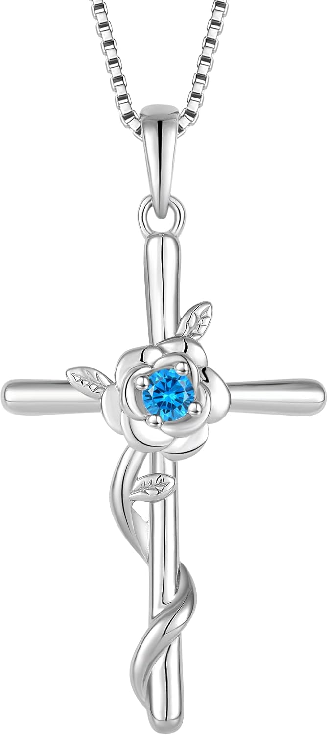 Cross Necklace for Women 925 Sterling Silver Rose Flower Birthstone Pendant Crucifix Faith Religion Necklace Created Gemstone Jewelry for Women