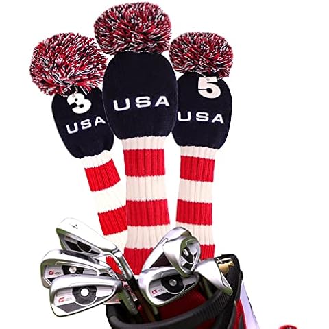 BIG TEETH Knitted Golf Club Head Covers Set of 3 Driver 460cc Fairway Hybrid UT Covers Pom Pom with Number Tag (A Set of 3) Cover