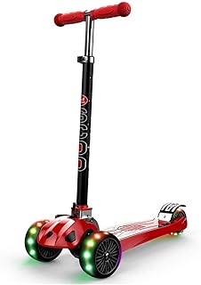 XBSLJ Kick Scooter, Kids Scooter Scooter Folding Height-Adjustable Shock Absorbing Kickboard 3 LED Light-Up Wheels for Boy and Girl 3-18Yr Old-Red