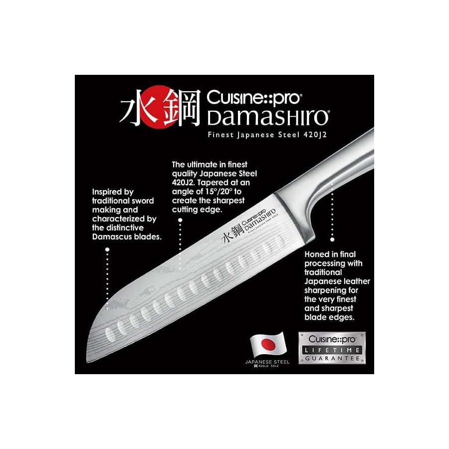 Cuisinepro-Damashiro-7-Piece-Kin-Knife-Block Cuisine::pro Damashiro Knife Block (Kin - 7 Piece Set) - Japanese Knife Set with Glass Holder, Razor Sharp Blades, Damascus Inspired Design