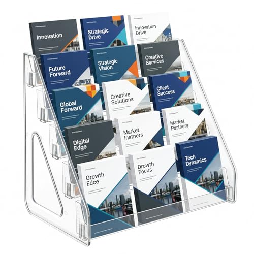 GYSLEOT 5-Tier Clear Acrylic Brochure Holder Countertop Pamphlet Display Stand & Literature Organizer Transparent Tiered Desk Rack for Flyers Booklets Greeting Cards Easy Tool-Free Assembly