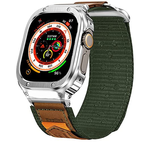 SUPLINK Metal Case with Nylon Band Compatible Apple Watch Bands 49mm,Stainless Steel Protector Cover Strap for iWatch Ultra(Green)