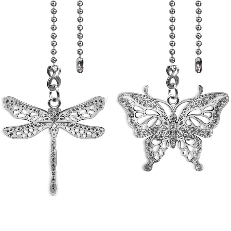 Image of 2Pcs Dragonfly and Butterfly Ceiling Fan Pull Chain, 14inch Fan Light Extender Pendant Ornaments Extension,Nickel Pull Chain