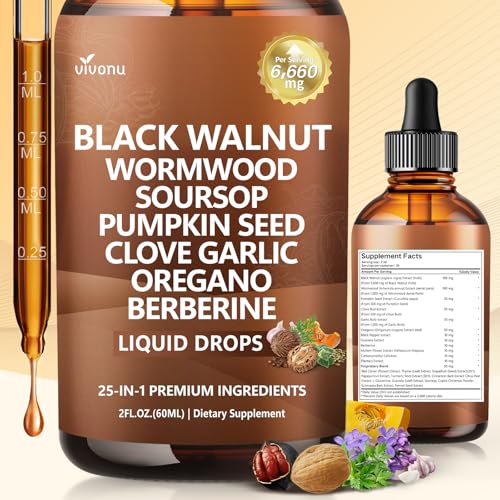 25-in-1 Liposomal Black Walnut Wormwood Clove Tincture, 6660mg Cleanse for Humans Drops Liquid, Lymphatic Support with Garlic, Mullein, Soursop, Pumpkin Seed, Berberine, Turmeric, Echinacea, Cinnamon