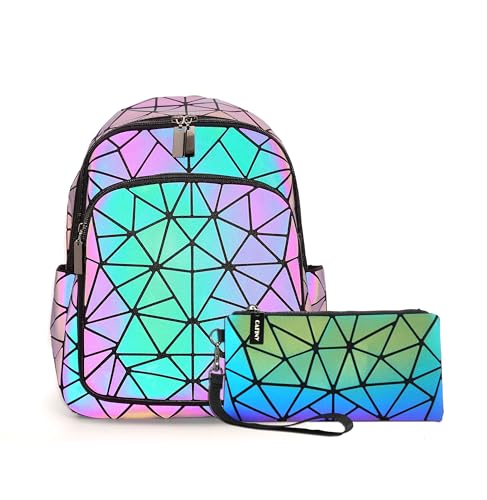 Sac de voyage holographique avec sac à dos pour ordinateur portable féminin géométrique