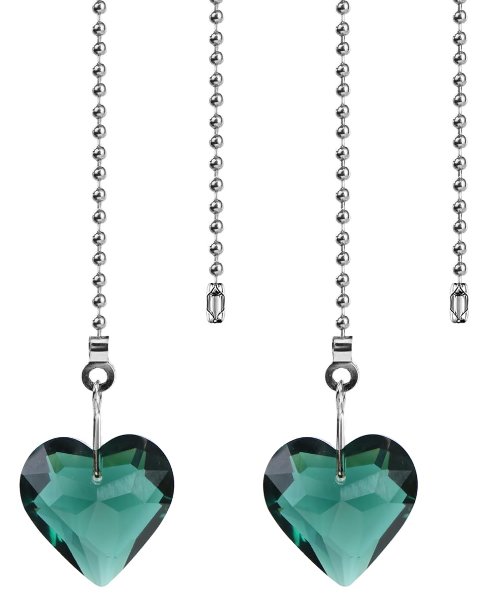 2Pcs 12"Sparkle Transparent K9 Crystal Heart Ceiling Fan Pull Chain
