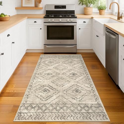 KILOCOCO Boho Entryway Rug 3x5 Area Rug Washable Non Slip Throw Rugs Soft for Kitchen Living Room Dining Bedroom Geometric Moroccan Carpet, Beige/Gray/Green