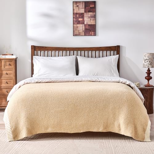 Image of CozeCube Reversible Knitted Throw Blanket, Beige White Melange 60 inchx80 inch