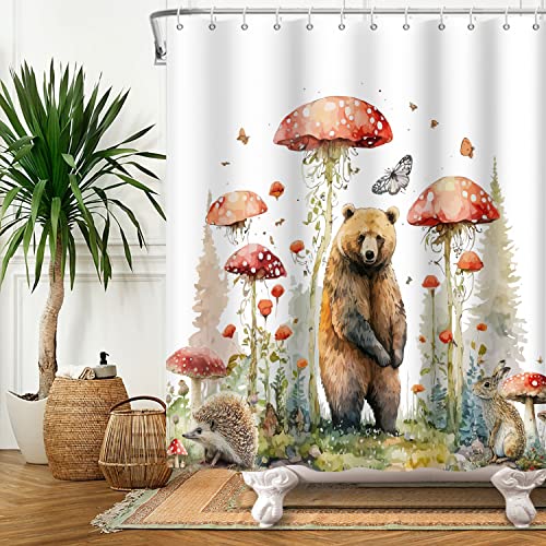 Bear Shower Curtain Mushroom Woodland Shower Curtain For Bathroom Funny Wild Animals Bathroom Curtain Rustic Forest Country Waterproof Fabric Bath Curtain With Hooks 72"X72" Washable #TOP2