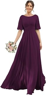 Scoop Flutter Sleeve Bridesmaid Dresses with Pockets A-Line Long Chiffon Formal Party Dress RO158