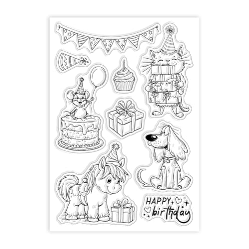 GLOBLELAND Transparente Stempel Mit Geburtstagstieren Für Die Kartengestaltung Geburtstagstorte Katze Hund Ratte Pferd Silikon Transparentstempel Party Stempel Siegel Für DIY Scrapbooking Prägung