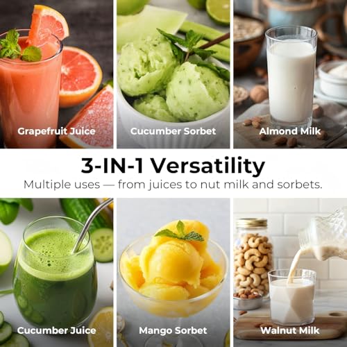 Image of EanOruus Juicer Machines, 3-in-1 Cold Press Juicer with 6.5 inch Extra Large Chute, 100oz Large Capacity, AC Motor, Makes Juice, Nut Milk & Sorbet, brown
