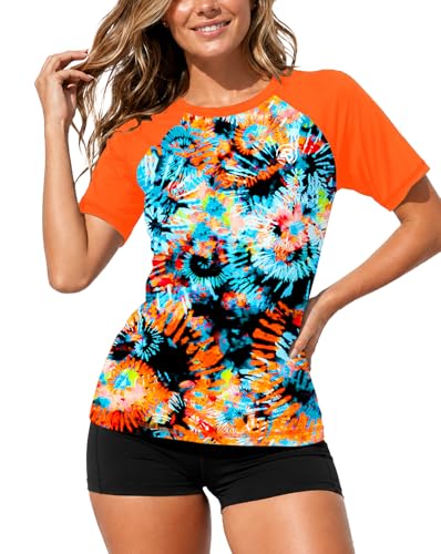 Image of AOBUTE Women Short Sleeve Rash Guard Gradient Sun Protection Swim Shirts