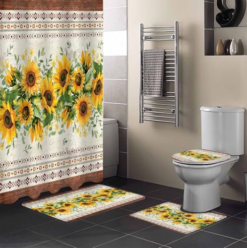 Sunflower Brown Bathroom Set with Shower Curtain and Rug Accessories - 36x72 Inches Long Retro Southwest Country Plant Leaf Floral Stall Curtain Waterproof with Large Bath Mat,Washable Runner Rug Set
